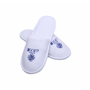 White Cotton Hotel Slippers with Blue Logo Eco-Friendly Dense Velvet