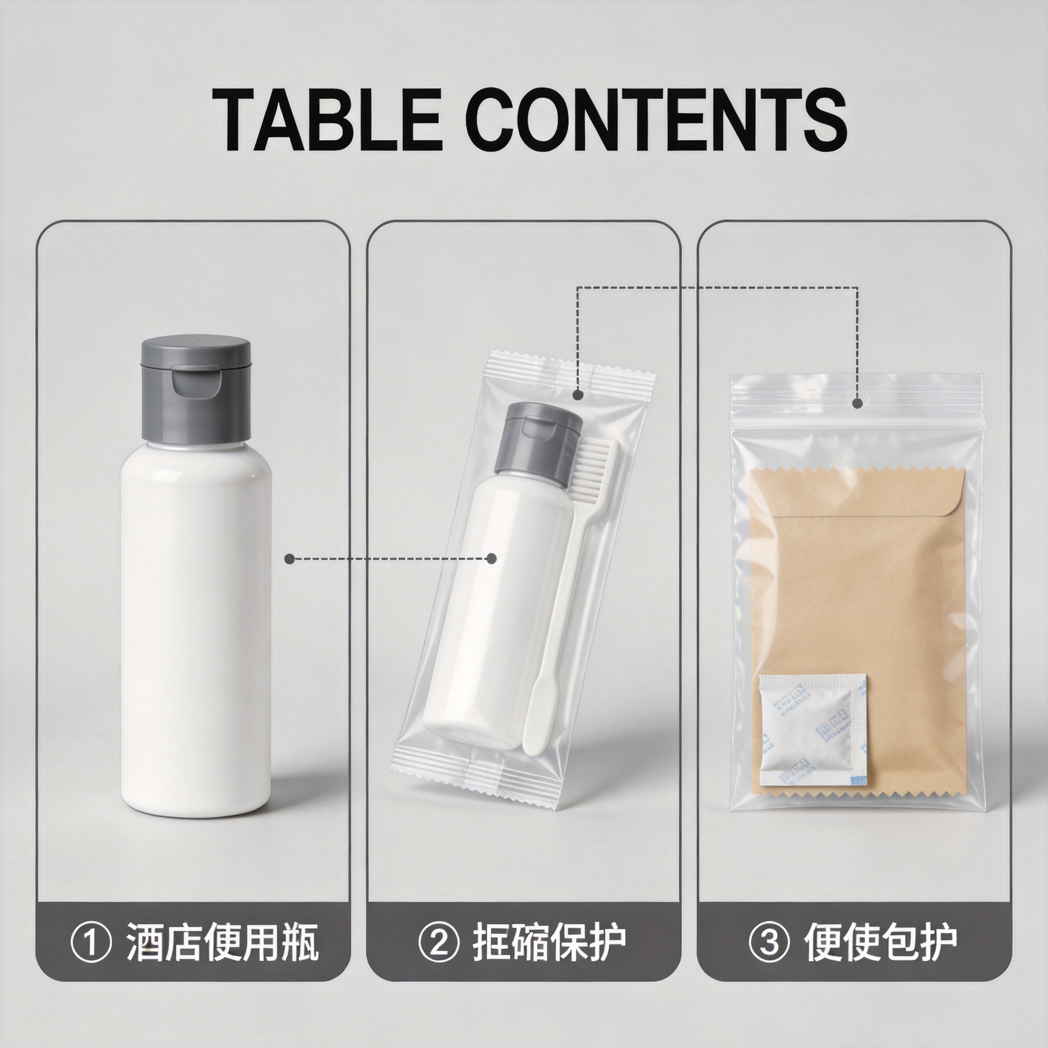 Diagram showing three main threats to hotel amenities packaging: leak, crush, and moisture