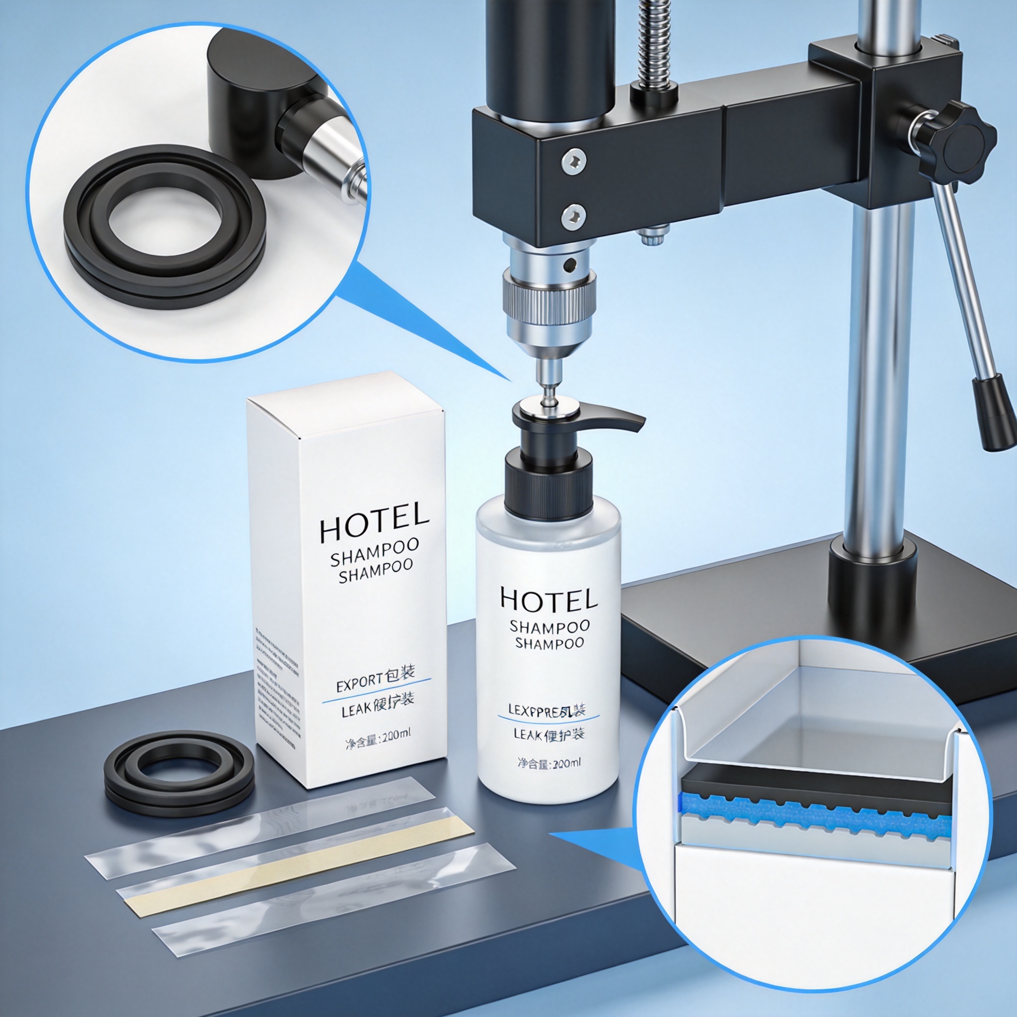 Compression testing machine crushing a corrugated box filled with hotel amenity samples