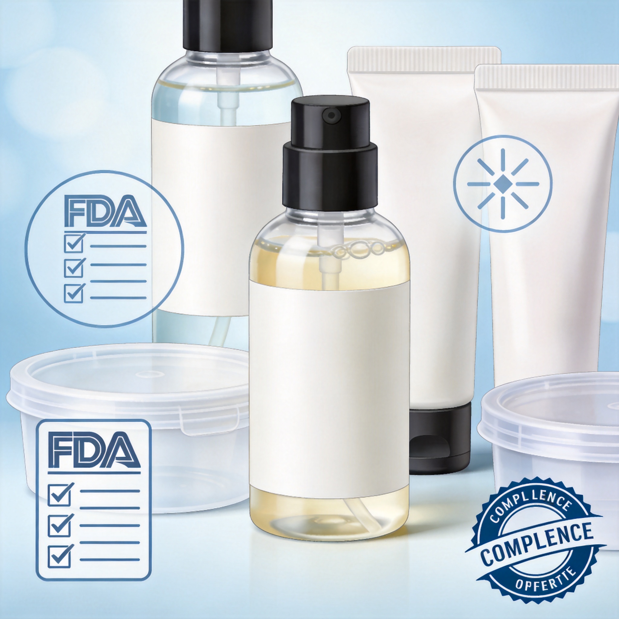 Plastic bottles and pumps used for hotel amenities with FDA compliance labels
