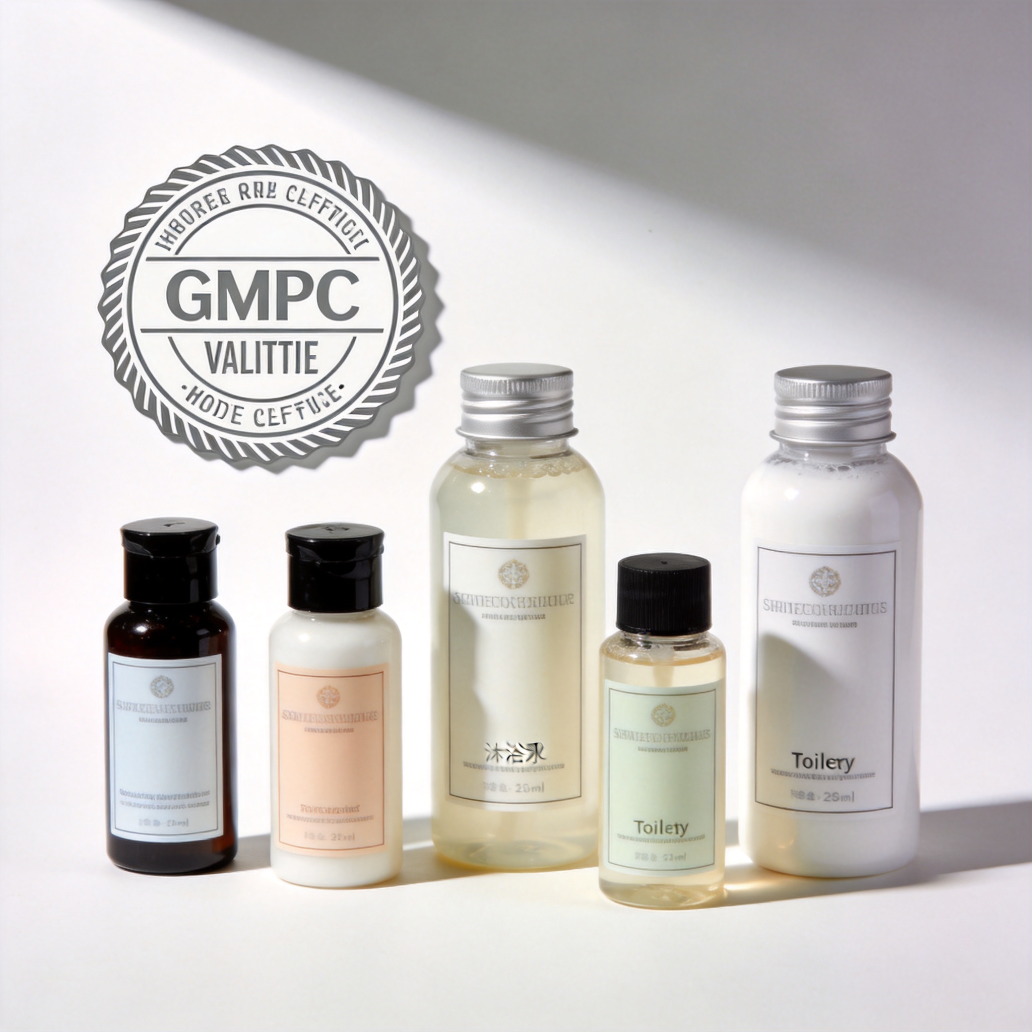 Hotel bathroom with branded toiletries on marble counter