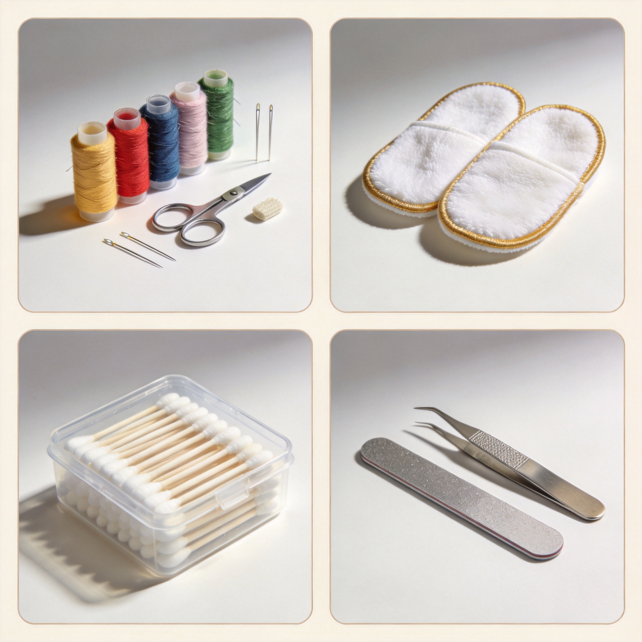 Hotel sewing kit components including needle threader and thread spools