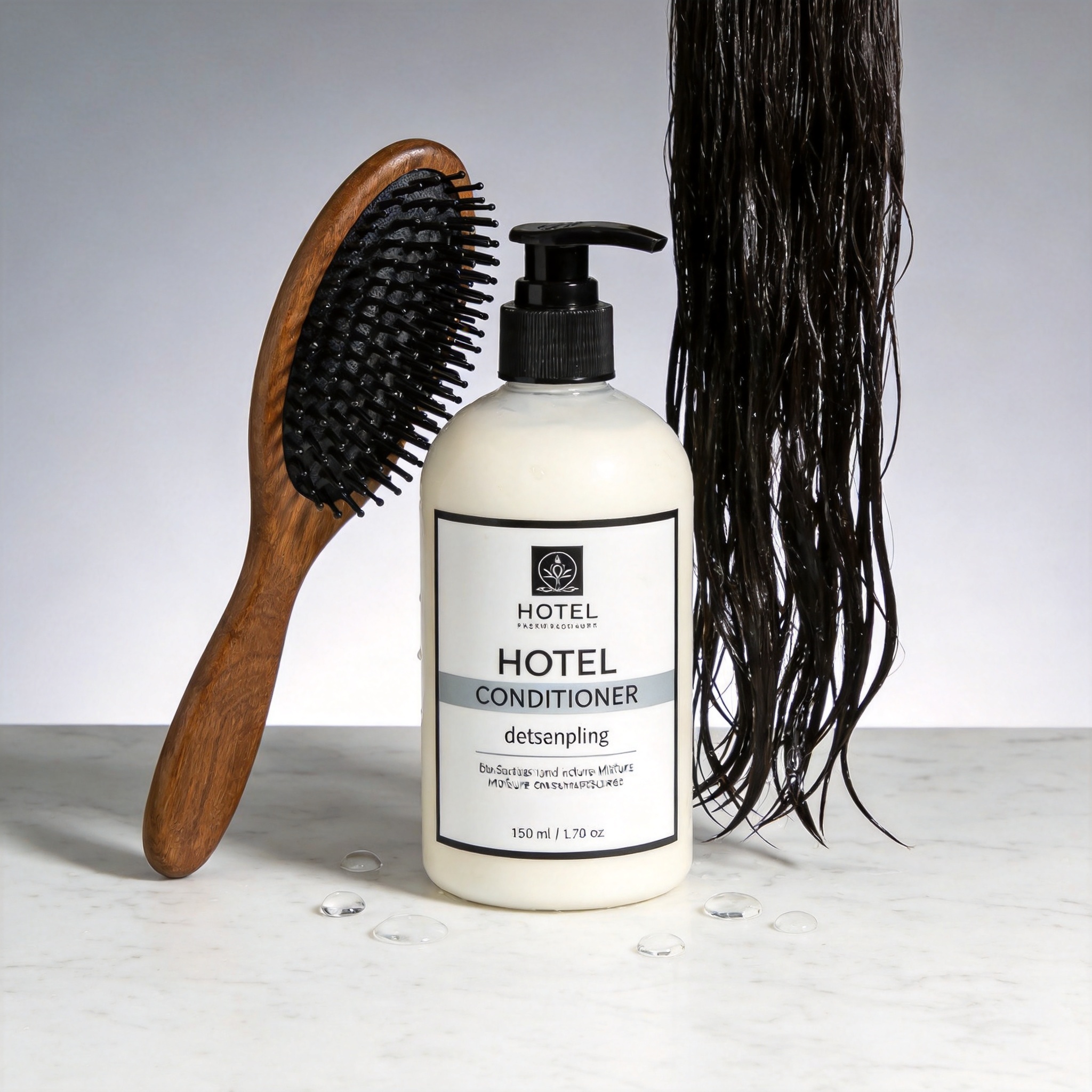 Hotel body wash bottle with foam dispenser in a shower
