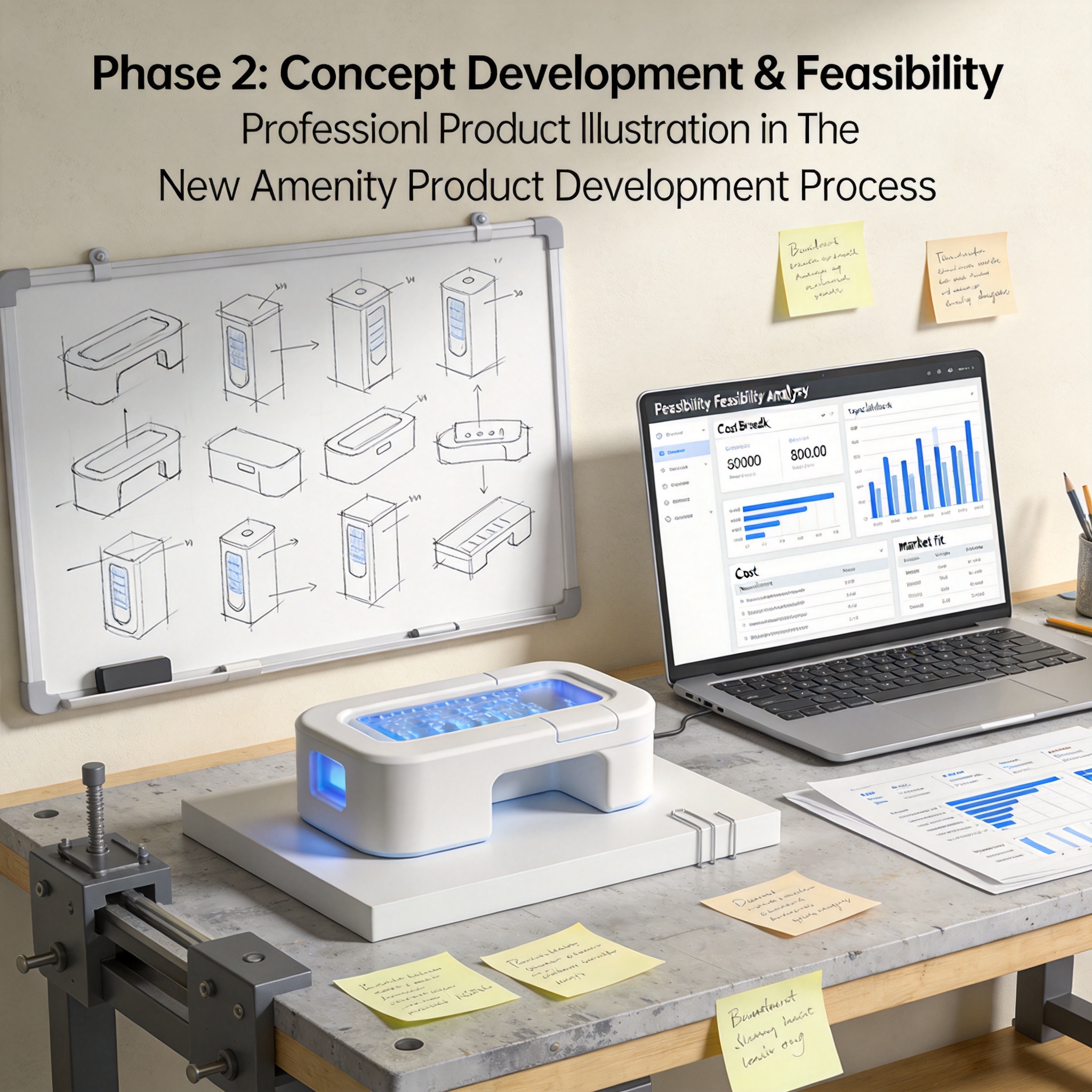Prototype samples of hotel amenity products on workbench